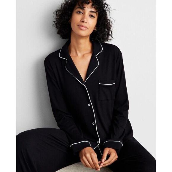 State of Day L Pajama Luxury Lounge 2 Piece Shirt Black Soft Ribbed Wide Leg New - Picture 1 of 6